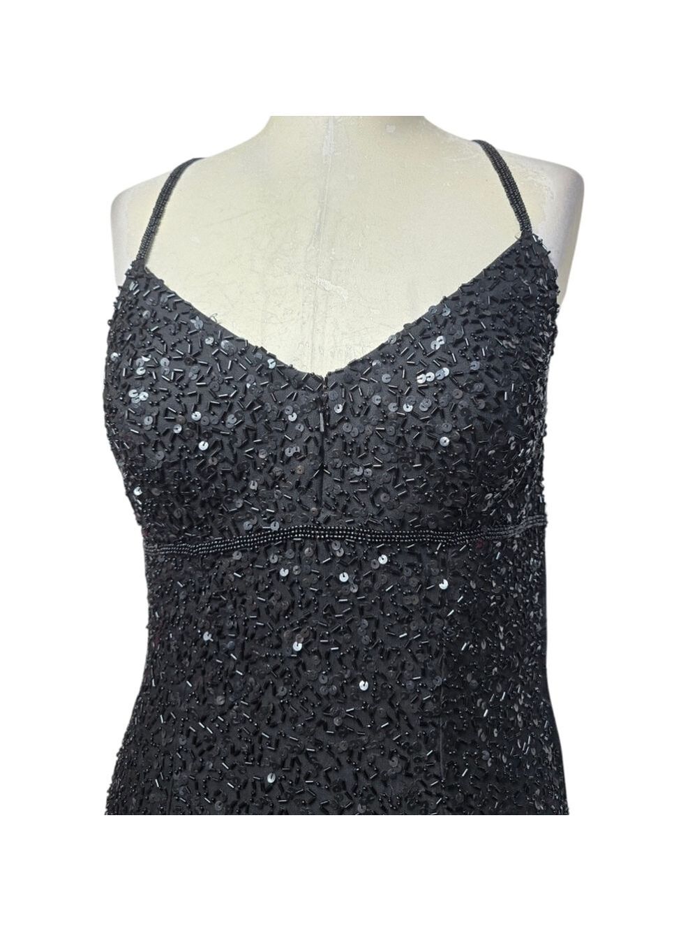 Scala Black Sequin Beaded V Neck Maxi Front Zip Vintage Silk Slit Maxi Dress M - Picture 2 of 12